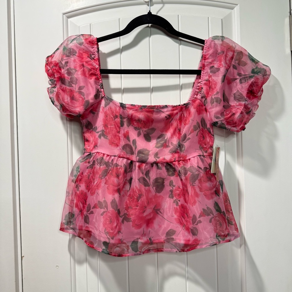 Floral Pink Puff Sleeve Top size Small